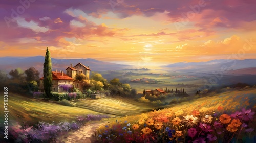 Panoramic view of sunset over the Tuscany, Italy