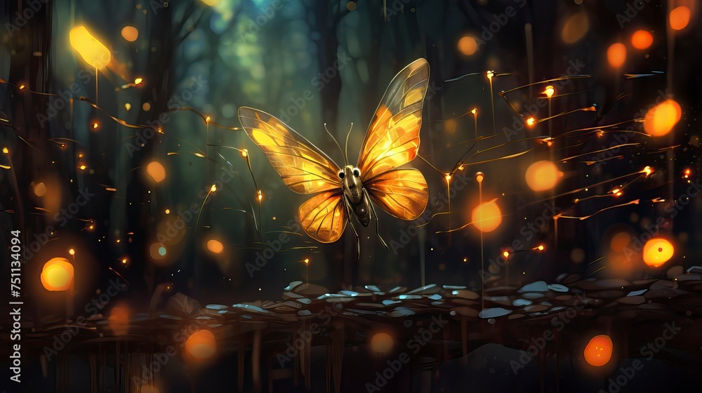 Obraz premium Abstract and magical image of Firefly flying in the night forest