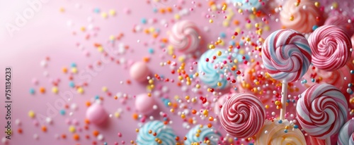 Pastel-toned candy paradise with swirling lollipops and scattered sprinkles against a soft pink background.
