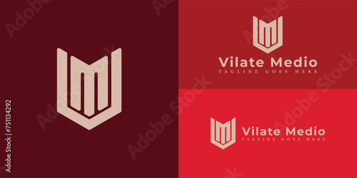 Abstract initial letter VM or MV logo in gold color isolated in multiple red backgrounds applied for digital marketing agency logo also suitable for the brands or companies have initial name MV or VM.