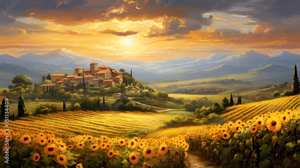 Panoramic view of Tuscany with sunflowers.