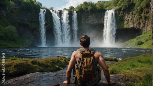 Person looking at a waterfall, adventure trip