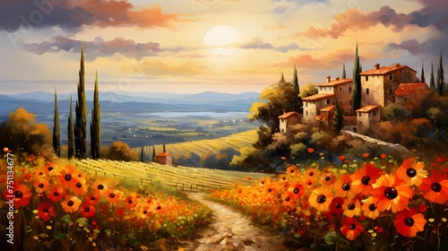 Panoramic view of Tuscany, Italy. Digital painting