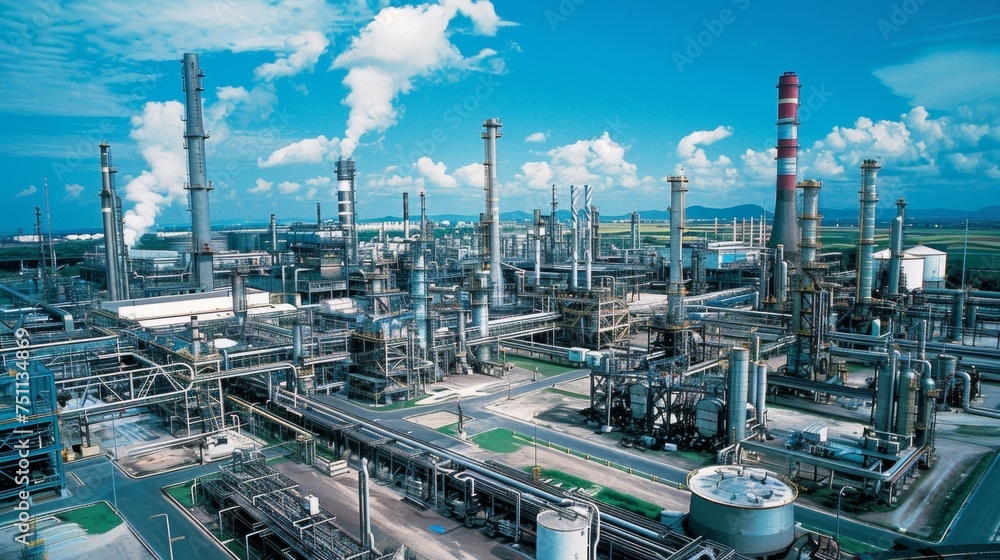 A mive industrial complex filled with various production facilities symbolizing the magnitude and significance of the petroleum industry in global economies.