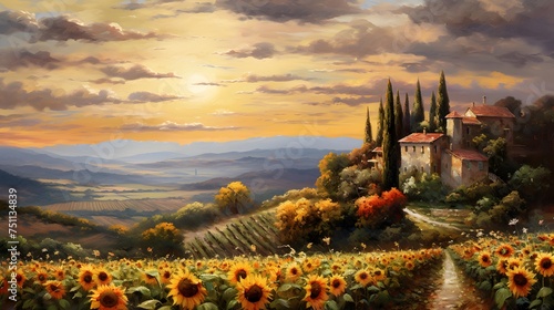 Sunflower field in Tuscany, Italy. Digital painting.