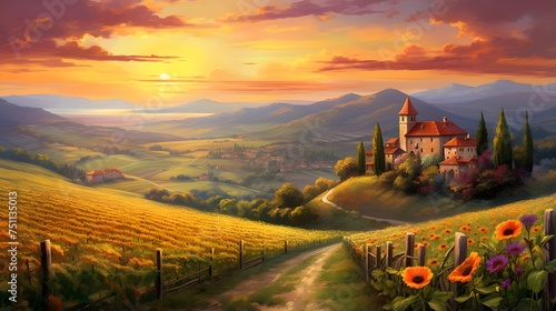 Panoramic view of a village in the Tuscany at sunset