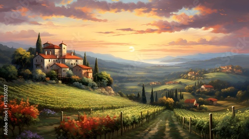panoramic view of Tuscany landscape at sunset - Italy