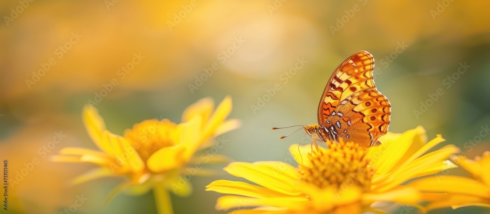Obraz premium A copper butterfly sits gracefully on top of a vibrant yellow flower, displaying natures elegant beauty in a captivating moment.