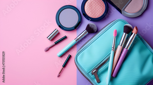 Make up products spilling out of a pastel blue cosmetics bag, on a pink and purple background. copy space. generative ai