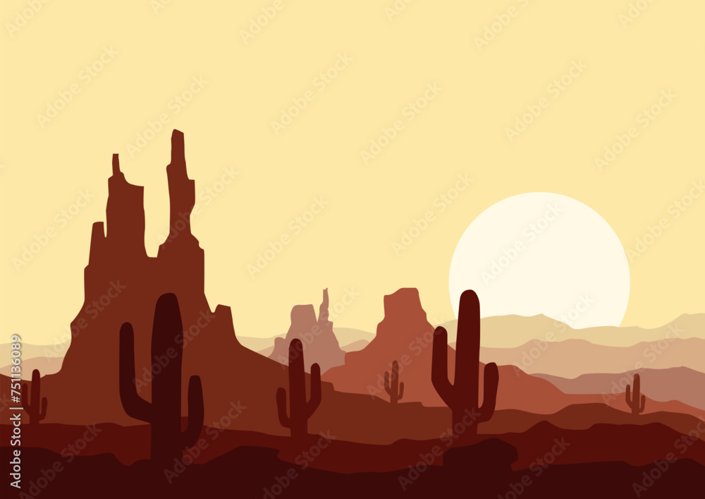 Panoramic view of the sahara desert vector. Vector illustration in flat style.