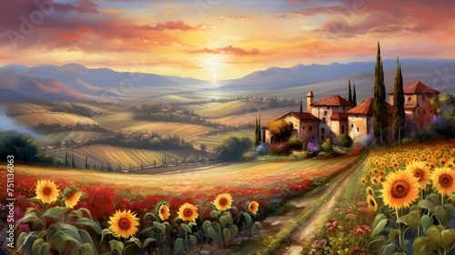 Tuscany landscape with sunflowers and farmhouse at sunset