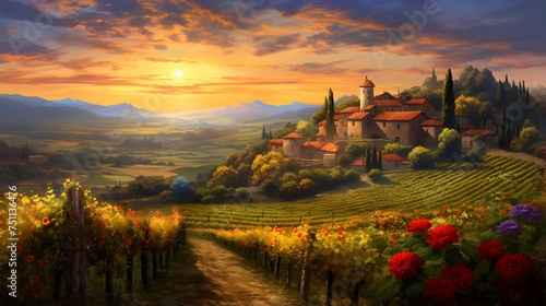 Panoramic view of Tuscany with vineyards at sunset