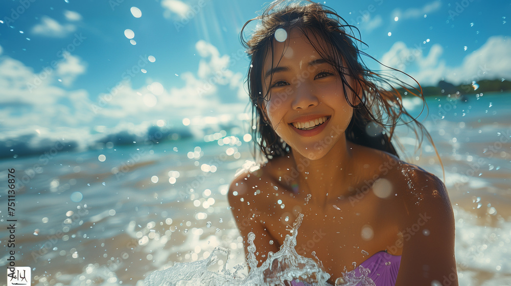 Obraz premium Beautiful woman in bikini playful and having fun on paradise tropical beach with splashing water