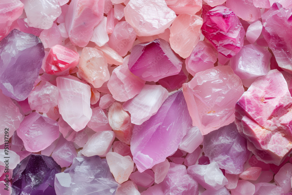 Close-up of a pile of semi-precious rose quartz crystals.