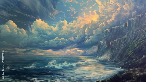 Coastal cliffs rising majestically against the backdrop of a cloud-studded sky, with waves crashing below in rhythmic harmony.