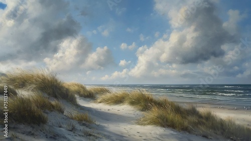 Coastal dunes meeting the horizon under a cloud-streaked sky, with the tranquil sound of waves in the background.