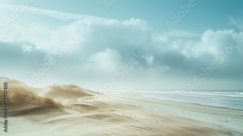Coastal dunes meeting the horizon under a cloud-streaked sky, with the tranquil sound of waves in the background.