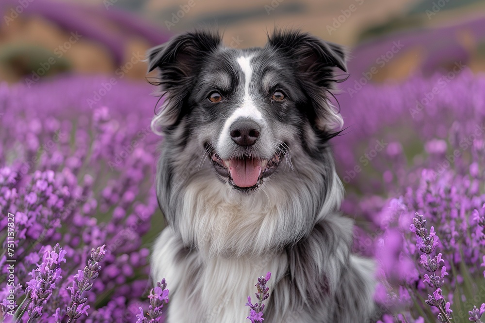 Border Collie smiling in lavender field, ideal for pet therapy programs. 
