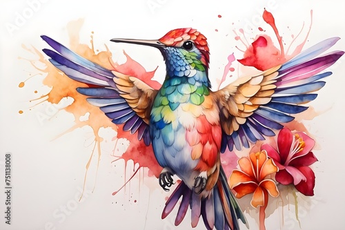 Hummingbird drawn with multicolored watercolor Generative AI