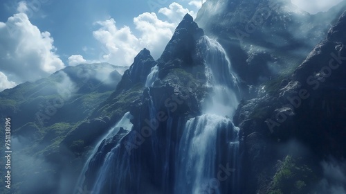 Cascading waterfall against a backdrop of rugged peaks  with the deep blue sky completing the awe-inspiring scenery.