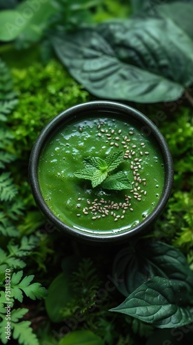 Green smoothie in bowl surrounded by fresh leaves. Health and wellness. 