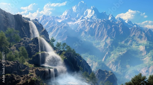 Cascading waterfall against a backdrop of rugged peaks, with the deep blue sky completing the awe-inspiring scenery.