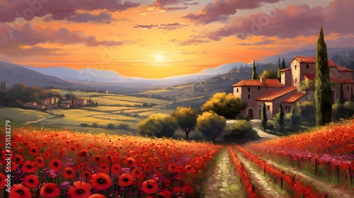 Sunset in Tuscany, Italy. Panoramic image