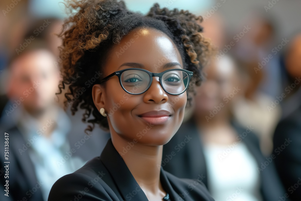 Conference, lecture or seminar. Portrait of an African American woman sitting in a team of people at a workshop looking at the camera Conference, lecture or seminar. Portrait of an African American woman sitting in a team of people at a workshop looking at the camera
