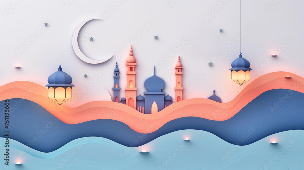 Illustration paper cut mosque and lantern with glowing light in the night Illustration paper cut mosque and lantern with glowing light in the night