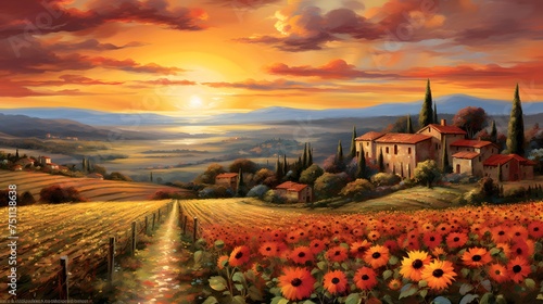 Panoramic landscape of Tuscany at sunset with sunflowers