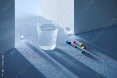 vertical image of glass with water and pill capsules photo