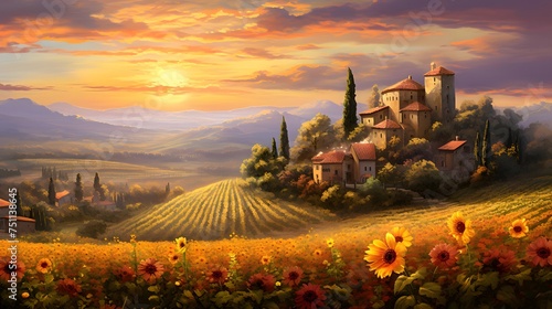 Tuscany landscape panorama with sunflowers and houses at sunset