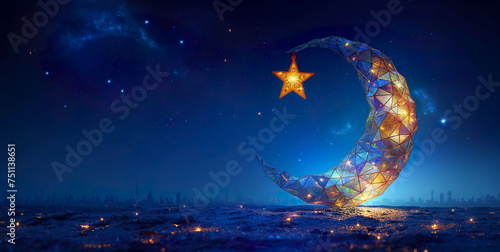 Moon and a star crafted from a polygons in the night, Ramadan Kareem greeting background