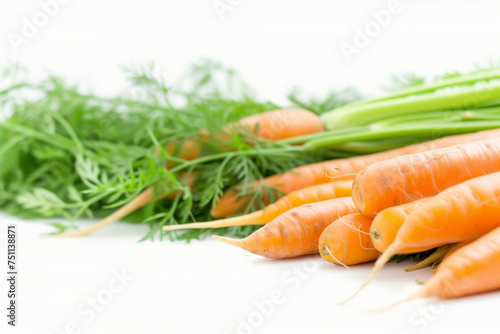 Close-up of several fresh carrot with green leaves lying on white background