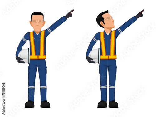 Set of construction worker in the position of pointing something over his head