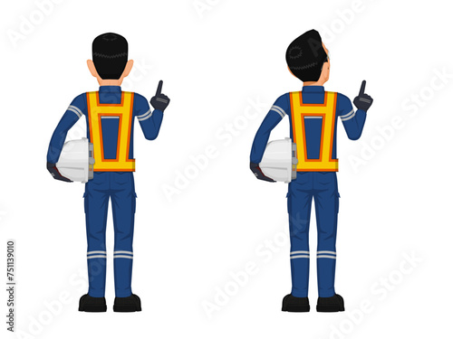 Set of construction worker in the position of pointing something over his head