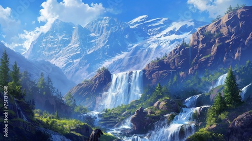 Cascading waterfalls flowing down rugged rocks  surrounded by mountains and a brilliant blue sky.