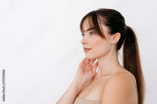 Dreamy woman with makeup and long hair photo