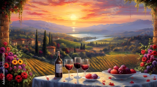Wine tasting in Tuscany, Italy. Panoramic view of the Tuscany landscape. photo