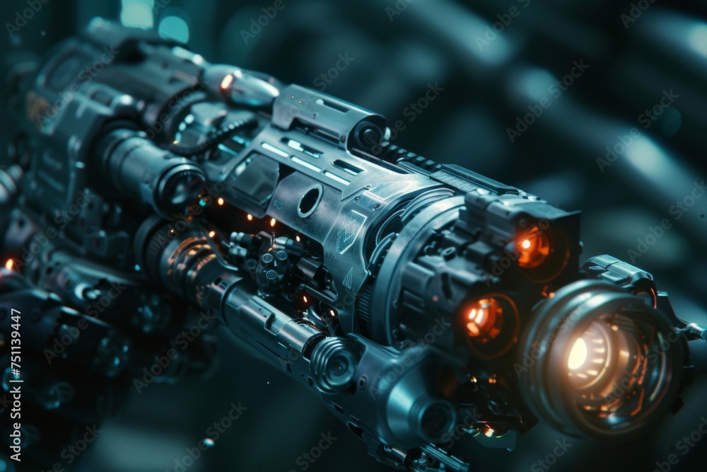A dark closeup 3D depiction of a robotic bullet emphasizing its details and scifi theme A dark closeup 3D depiction of a robotic bullet emphasizing its details and scifi theme