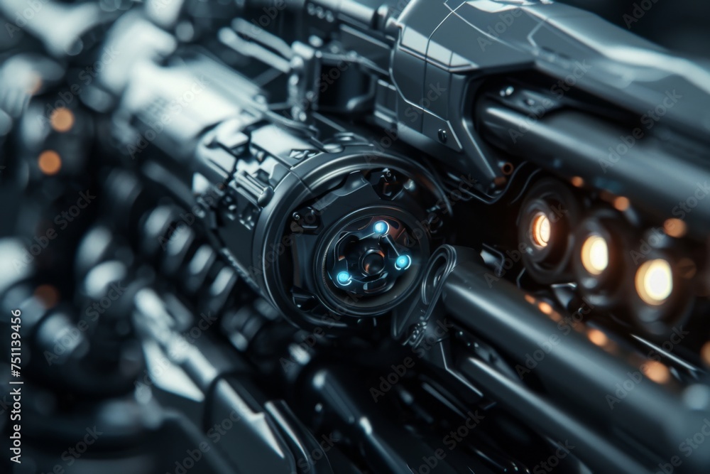 A dark closeup 3D depiction of a robotic bullet emphasizing its details and scifi theme A dark closeup 3D depiction of a robotic bullet emphasizing its details and scifi theme