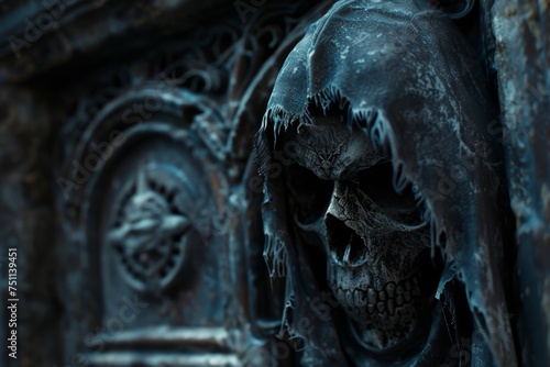 A dark closeup 3D scene featuring a skull and reaper evoking a mysterious hellish setting