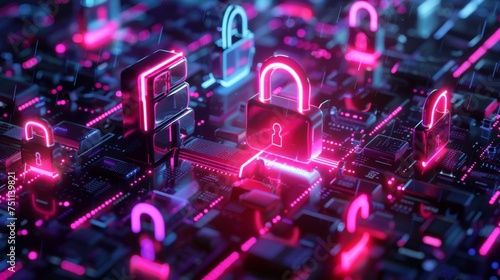 Cybersecurity breach visual with 3D digital locks cracking data leaking in neon lights photo