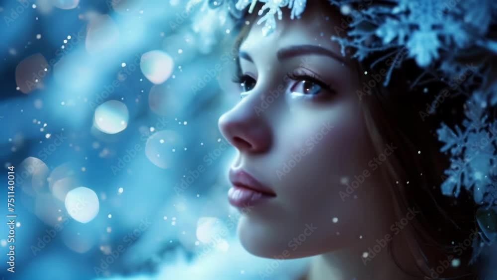 A closeup of a woman with a delicate crown made of illuminated snowflakes, her eyes closed and lips parted in a serene and dreamy state. A closeup of a woman with a delicate crown made of illuminated snowflakes, her eyes closed and lips parted in a serene and dreamy state.