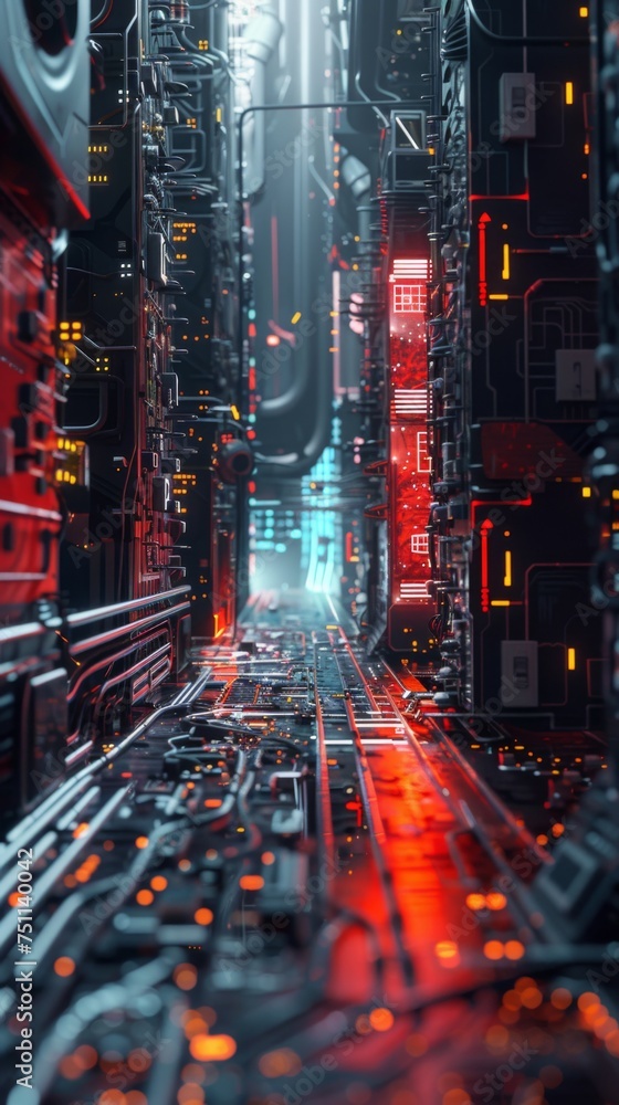 Fototapeta premium Detailed cybernetic cryptographic circuit 3D and lightemitting in a mysterious cyberpunk world