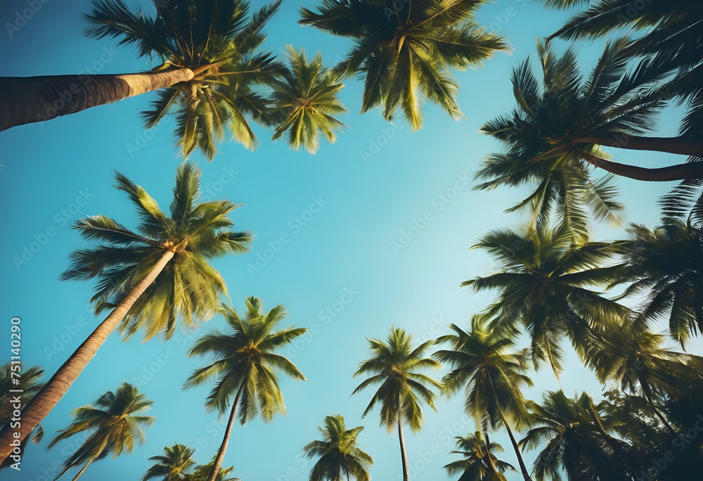 Tropical palm trees against a clear blue sky, low angle view.
