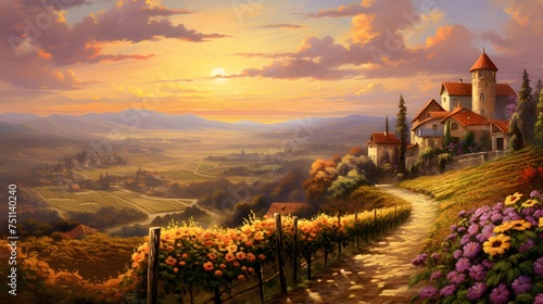 Fantasy landscape with a castle on the hillside at sunset.