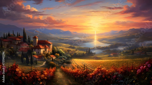 Landscape with vineyard and village in Italy. Digital painting.