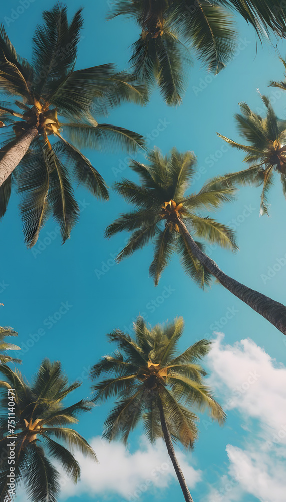 Obraz premium Tropical palm trees against a clear blue sky, low angle view.