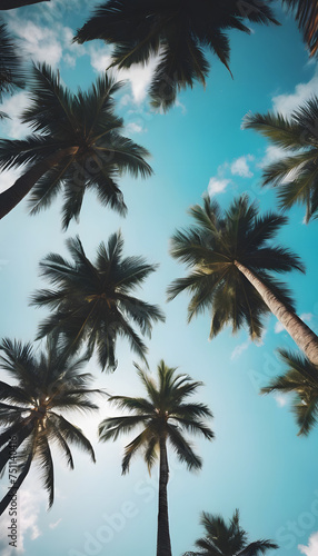 Tropical palm trees against a clear blue sky  conveying a sense of summer and relaxation.